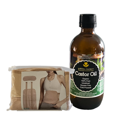 Castor Oil & Reusable Wrap Bundle - Amber Glass (Vintage Label)  -  200ml / Beige