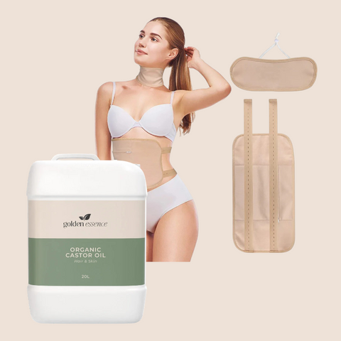 Castor Oil & Reusable Wrap Bundle (Waist & Neck)  -  200ml Glass / Beige