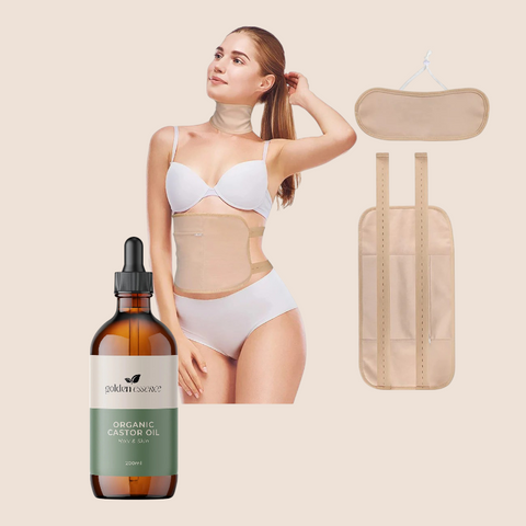 Castor Oil & Reusable Wrap Bundle (Waist & Neck)  -  200ml Glass / Beige
