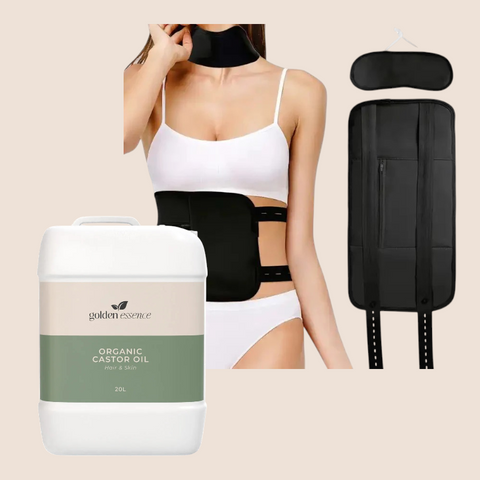 Castor Oil & Reusable Wrap Bundle (Waist & Neck)  -  200ml Glass / Beige