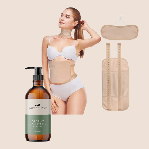 Castor Oil & Reusable Wrap Bundle (Waist & Neck)  -  500ml Glass / Beige